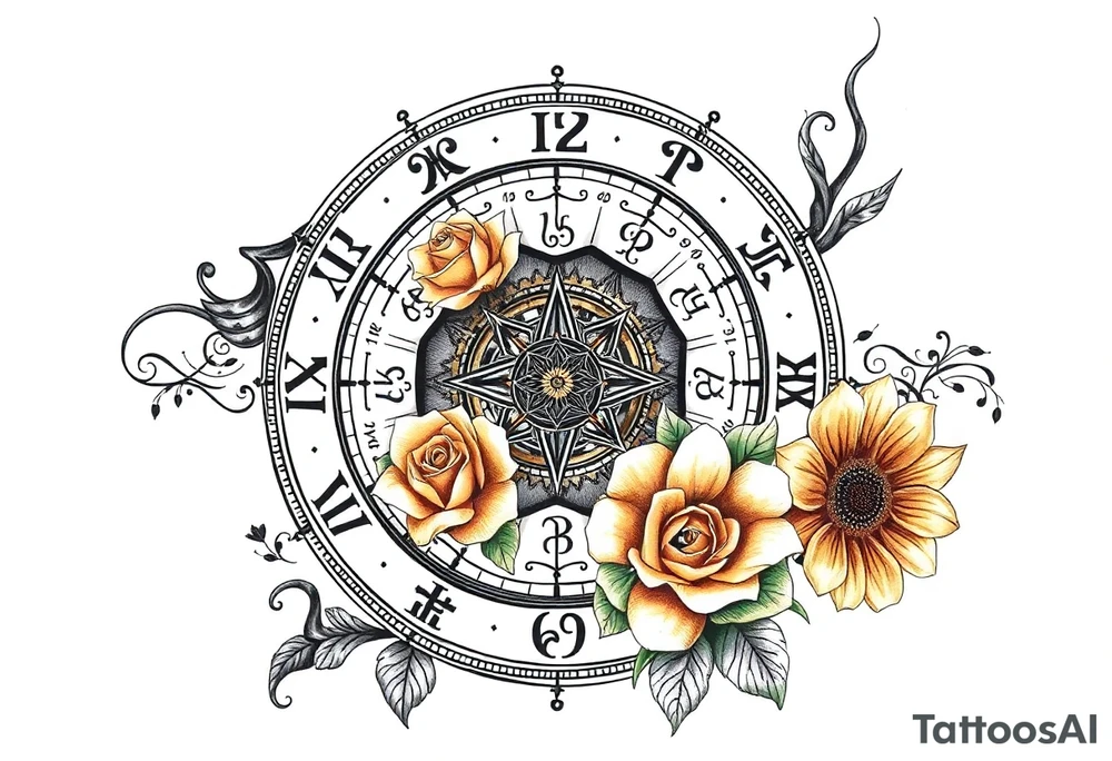 zodiac symbols and Norse runes within ornate clockwork mechanism with roses lilly sunflowers tattoo idea