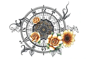 zodiac symbols and Norse runes within ornate clockwork mechanism with roses lilly sunflowers tattoo idea