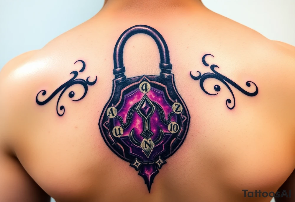A deep purple crystal lock with glowing runes, and a crescent moon-shaped key radiating a mystical aura tattoo idea