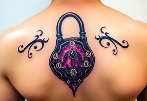 A deep purple crystal lock with glowing runes, and a crescent moon-shaped key radiating a mystical aura tattoo idea