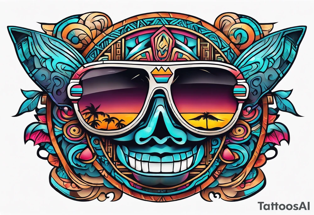 Colorful Mayan hieroglyph wearing sunglasses with waves and bats tattoo idea