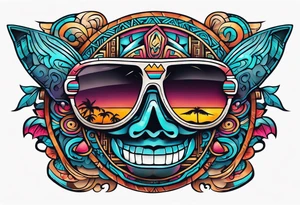 Colorful Mayan hieroglyph wearing sunglasses with waves and bats tattoo idea