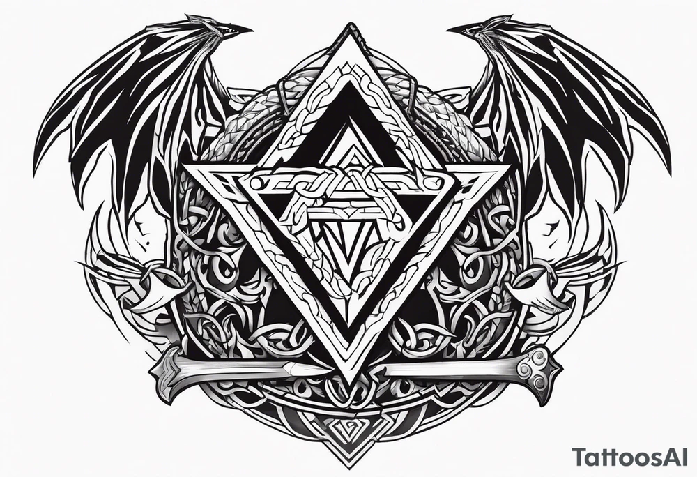 Valhalla sword shield dragon axe Valknut barbed wire chains tribal tattoo idea