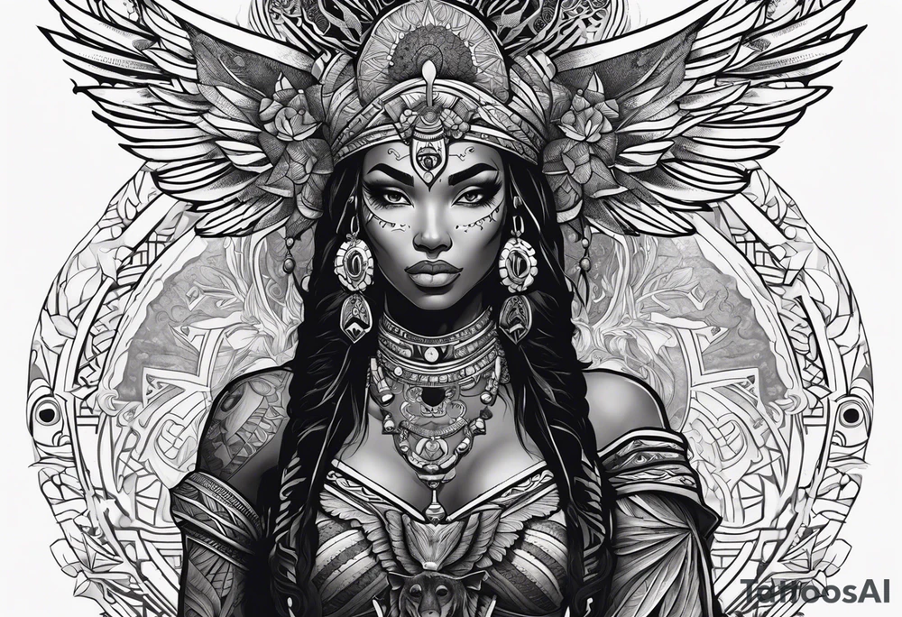 valkrye, kali, pirate, african goddess, , warrior, native american, lotus, zenza resonance, skulls, pachamama, left side face, chest, wing, tattoo idea
