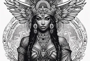 valkrye, kali, pirate, african goddess, , warrior, native american, lotus, zenza resonance, skulls, pachamama, left side face, chest, wing, tattoo idea