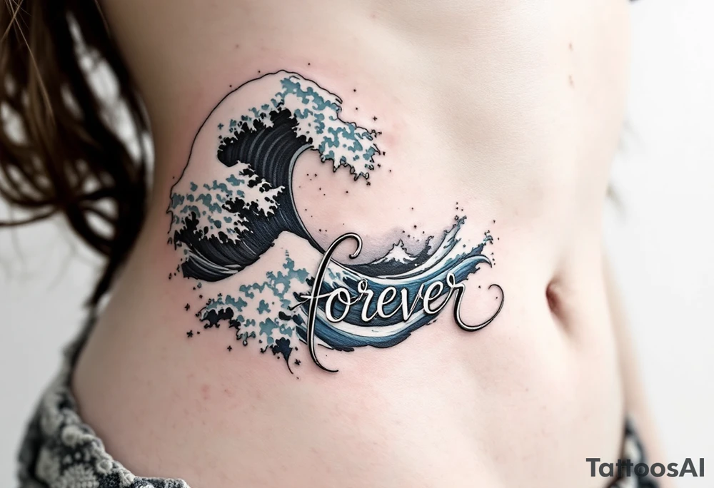 A wave crashing through the word "forever", done in deep ocean blues and seafoam white. tattoo idea