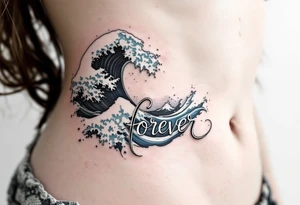 A wave crashing through the word "forever", done in deep ocean blues and seafoam white. tattoo idea