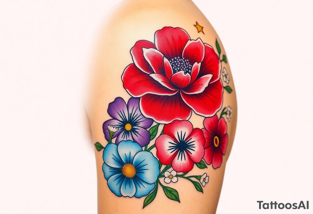 Upper left arm, wrapping slightly from the shoulder to the mid-upper arm, ending at the natural mid-arm curve.

Top center: Large red carnation
Left side: Purple pansy above a blue cosmos flower
Right side: Pink cosmos above a red cosmos
White flowers:
3 between the purple and blue flowers
2 below the pink/red flowers
3 on the branch extending from the right side of the carnation
2 on a branch connecting from the right side of the carnation to the top of the purple pansy
(bouquet)
Neo-Traditional with Realism influence
Bold, clean black outlines
Flat, rich color gradients
Realistic flower detailing: natural petal texture, realistic shading, and depth
Flowing, realistic green branches and leaves
Fine black dots and small line accents
Small gold star next to the top red carnation

 brown skin tone
Neo-Traditional, Realism, Floral Tattoo, Botanical Tattoo, Realistic Flowers, Color Tattoo, Upper Arm Tattoo tattoo idea