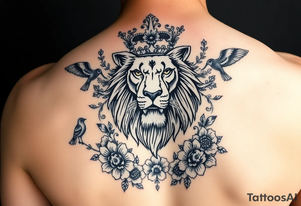 powerful majestic lion with a crown, surrounded by floral ornaments and birds tattoo idea