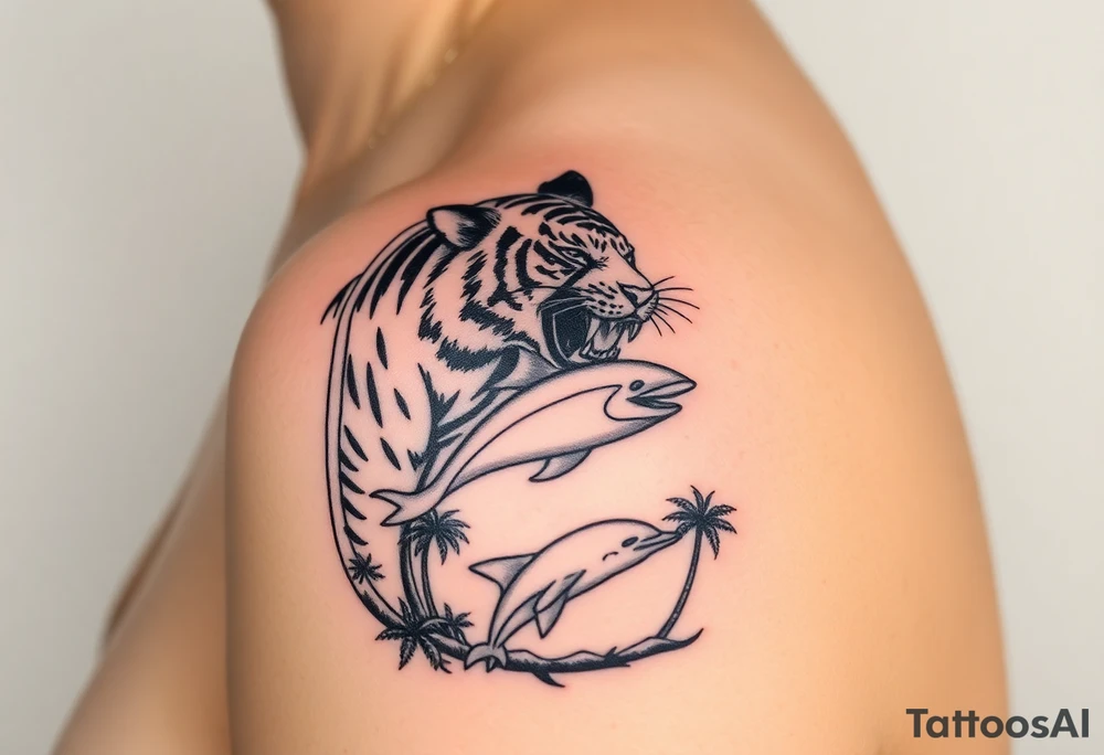 fierce tiger emerging through the trees with a jumping dolphin and palm trees underneath it tattoo idea