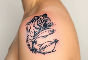 fierce tiger emerging through the trees with a jumping dolphin and palm trees underneath it tattoo idea