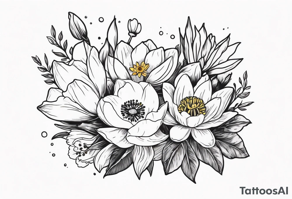Poppy, water lily, Lily of the valley, daffodil, cosmo flower bouquet, portrait style tattoo idea