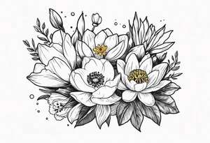 Poppy, water lily, Lily of the valley, daffodil, cosmo flower bouquet, portrait style tattoo idea
