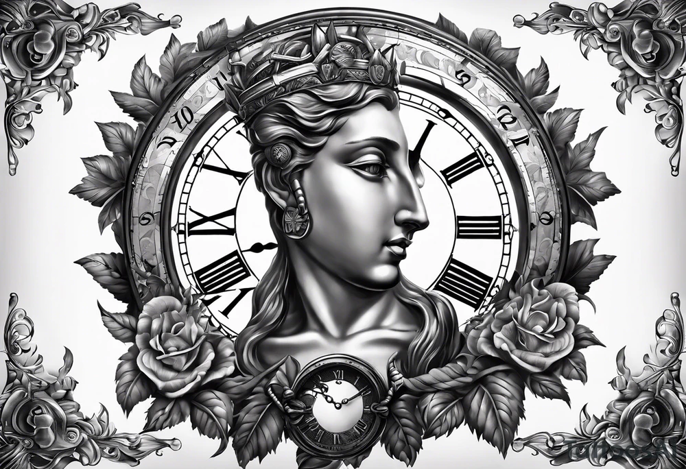 Caduceus with clock at 4:09 and remember to live in latin tattoo idea