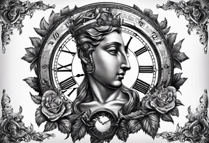 Caduceus with clock at 4:09 and remember to live in latin tattoo idea