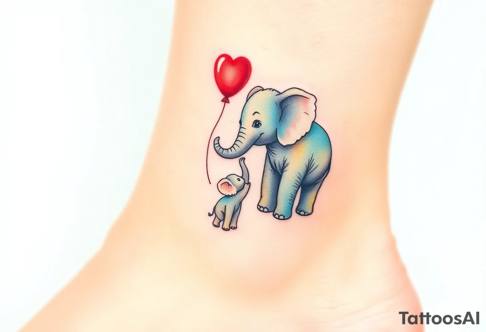 Mother elephant and a baby elephant holding a red balloon with its trunk, symbolizing childhood joy and innocence tattoo idea