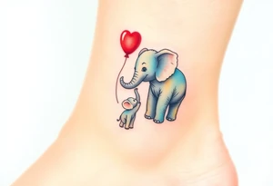 Mother elephant and a baby elephant holding a red balloon with its trunk, symbolizing childhood joy and innocence tattoo idea