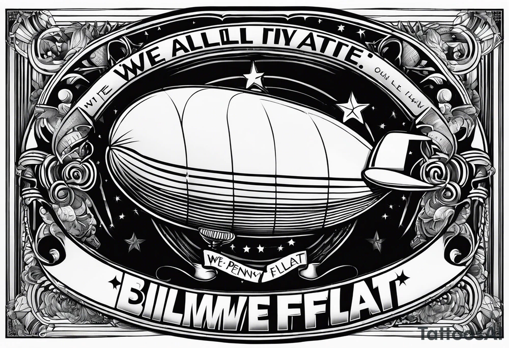 blimp that say "We All Float" going across it with penny wise the clown off in the distance tattoo idea