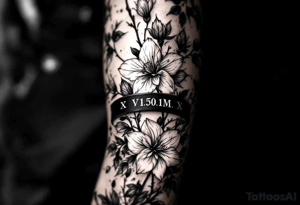 1 black band with roman numerals circuling near elbow and 1 black band lower forearm, both with roman numerals in them. between the black bands fill the space with narcissus flowers and holly tattoo idea