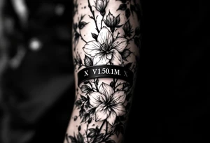 1 black band with roman numerals circuling near elbow and 1 black band lower forearm, both with roman numerals in them. between the black bands fill the space with narcissus flowers and holly tattoo idea