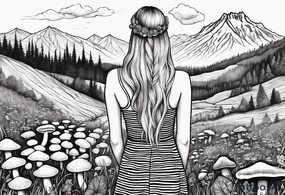Straight long blonde hair girl holding mushrooms in hand facing away toward mountains surrounded by mushrooms black and white striped dress tattoo idea