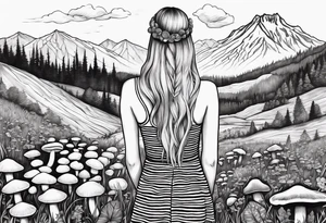 Straight long blonde hair girl holding mushrooms in hand facing away toward mountains surrounded by mushrooms black and white striped dress tattoo idea