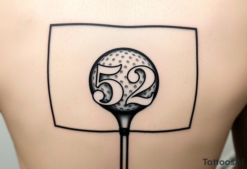A realistic golf club centered inside a minimalist frame (should be rectangular). Inside the frame, integrate the number 52 in a balanced way, either beneath or overlaying the golf club. Black tattoo style, suitable for thigh tattoo. clean lines, not that detailed - simple of nature. tattoo idea