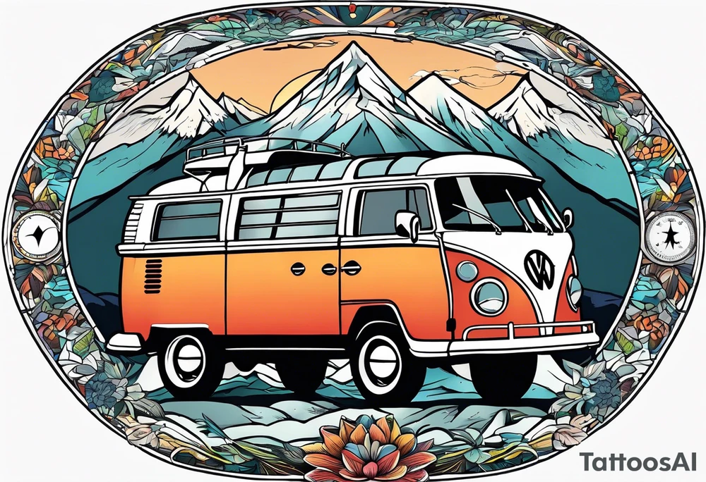 directional Compass rose, mountains and VW Komi campervan tattoo idea
