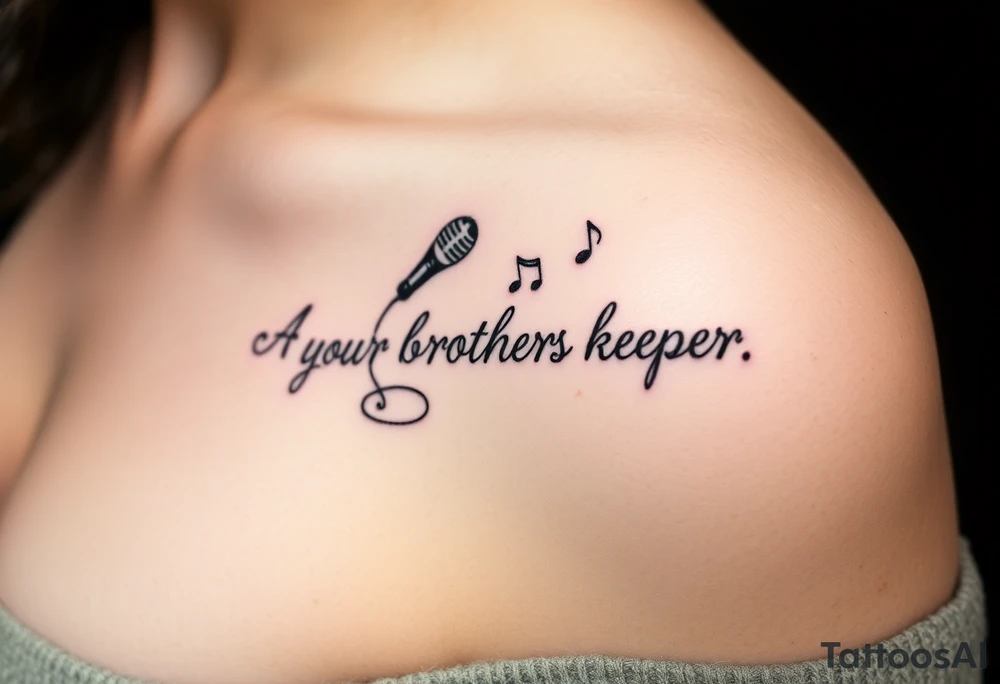 A microphone wire writing the words “My brothers keeper” and music notes tattoo idea