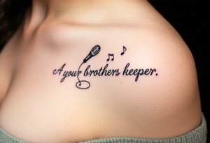 A microphone wire writing the words “My brothers keeper” and music notes tattoo idea