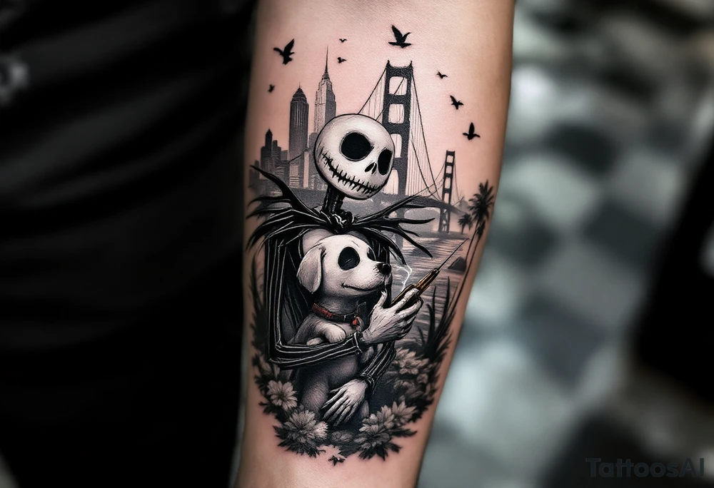 jack skellington with dog,smoking a blunt and fishing,surrounded by city buildings,golden gate bridge, birds, palm trees, tattoo idea