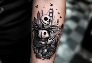 jack skellington with dog,smoking a blunt and fishing,surrounded by city buildings,golden gate bridge, birds, palm trees, tattoo idea