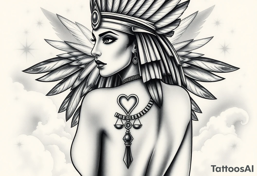 Beautiful Egyptian goddess with a curvy sexy body. She is wearing an ostrich feather headdress, and intricate ancient Egyptian jewelry the Anhk necklace. Background includes something similar to heaven. Incorporate the Scales of Justice—one side holding a heart, the other Ma’at’s feather—glowing with ethereal energy. Emphasize dramatic lighting, deep shadows, and surreal, mystical atmosphere tattoo idea