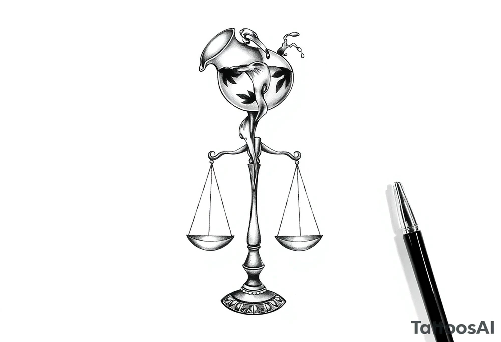 I want a tattoo that combines the Aquarius water bearer and the Libra scales. The water should flow elegantly from the jug, merging onto and balancing the scales below. The water show be pouring out and down on to the scales tattoo idea