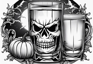 glass of whiskey with one single ice cube that is the Halloween jack-o-lantern tattoo idea