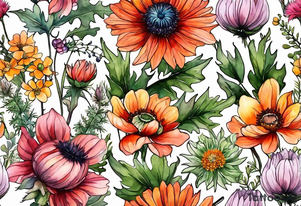 wildflowers with thistles, ferns, white anemones, sun flowers, orange flowers, green flowers, pink flowers, red flowers, berries and all in watercolor tattoo idea