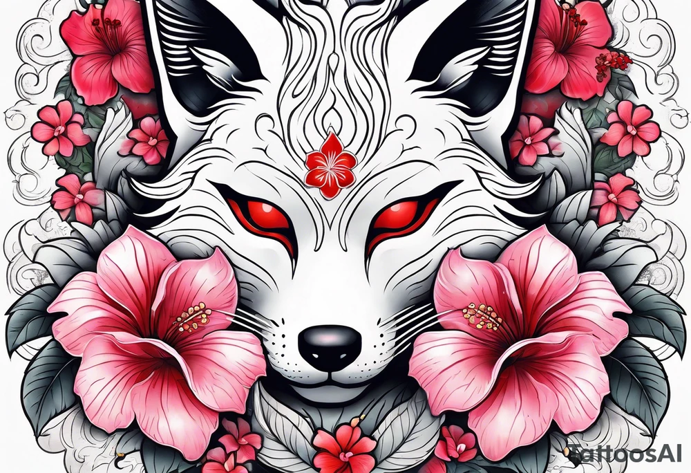 White japanese mask that looks like a kitsune with red accents and pink hibiscus flowers tattoo idea