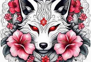 White japanese mask that looks like a kitsune with red accents and pink hibiscus flowers tattoo idea