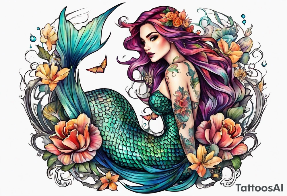 mermaid with skeleton tattoo idea