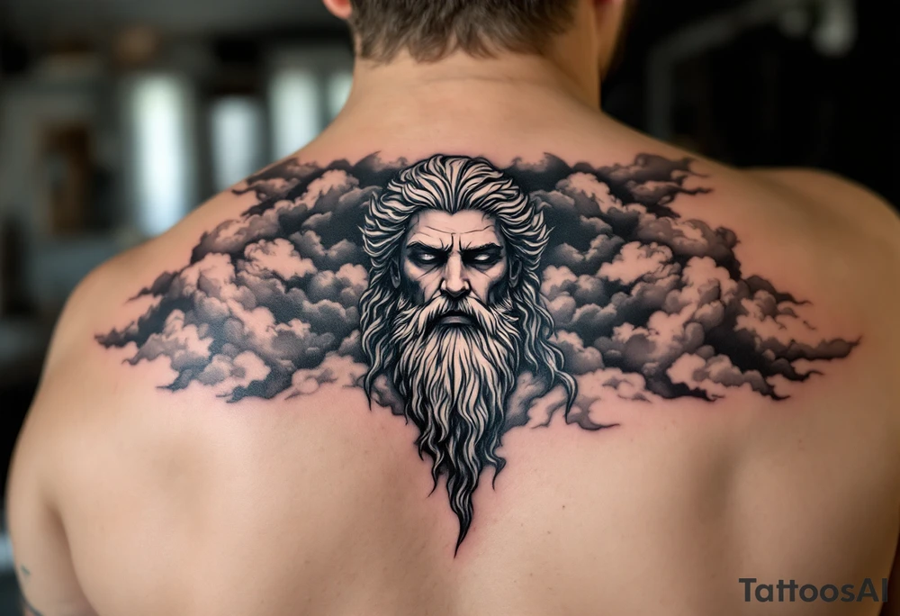 a realistic, black and white, masculine tattoo of Zeus’s face in the clouds facing slightly downwards and to just slightly to one side in the style of realism, hyper realistic, heavy lines  , elegantly shaded tattoo idea