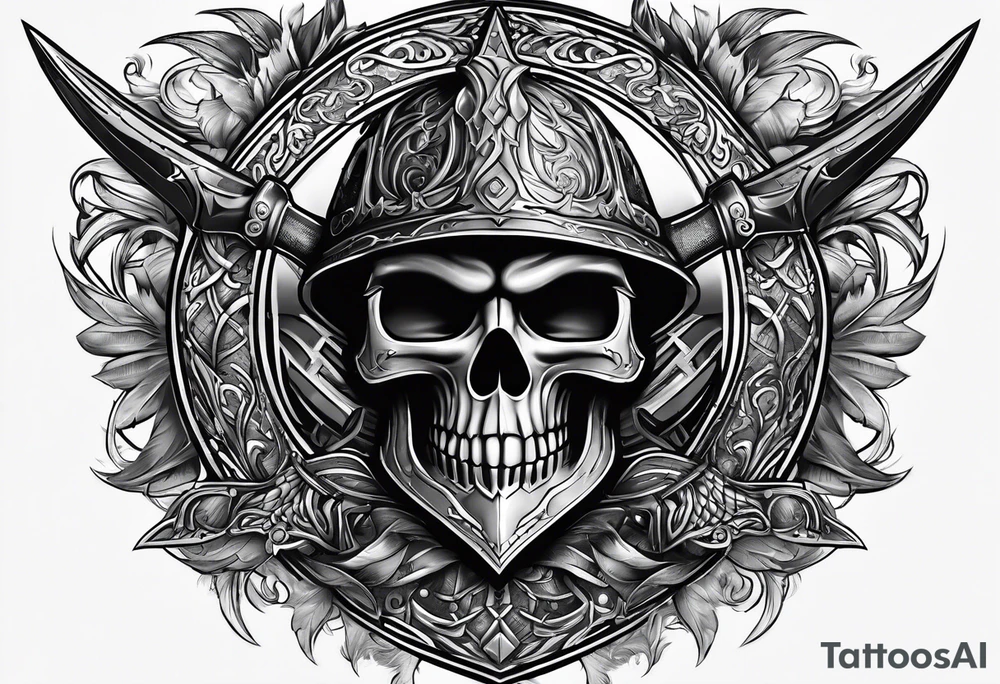 Valhalla sword shield axe mist tattoo idea