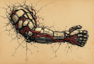A biomech arm built from rusted iron plates and crimson wires, emerging from beneath cracked human skin. tattoo idea