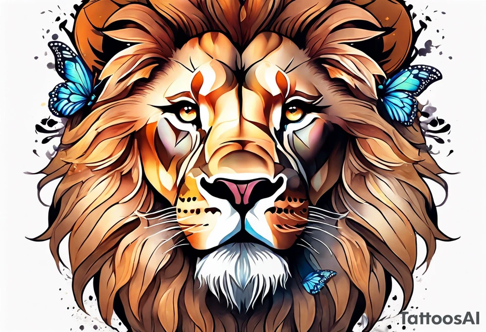 African lion covered in lilies butterflies crown tattoo idea