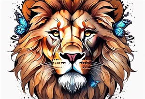 African lion covered in lilies butterflies crown tattoo idea