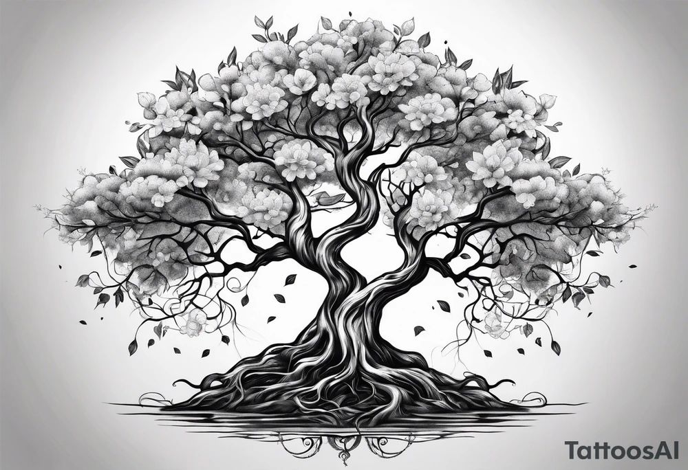 Tree roots and blossoming tree tattoo idea