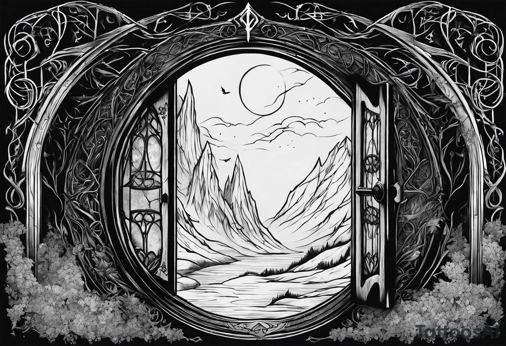 Lord of the rings and Harry Potter movie mashup. Small and simple. Hobbit door hole, wands, elvish writing, deathly hallows tattoo idea