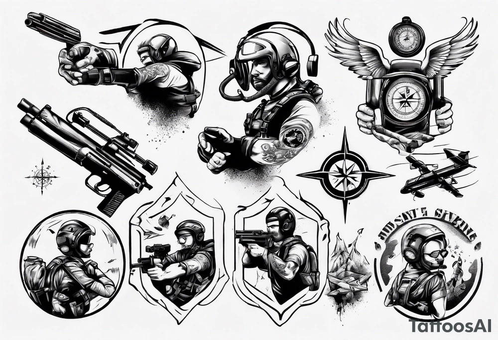 skydiving, shooting guns, compass, adventure tattoo idea