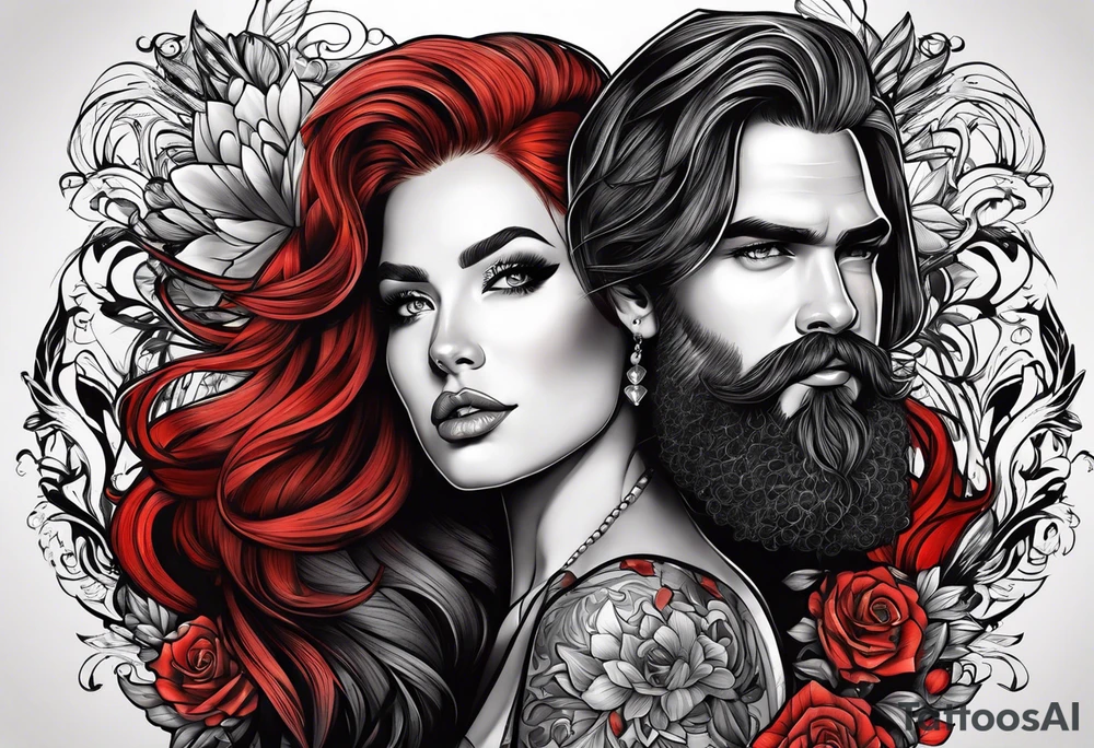 Busty Red haired woman with black haired bearded man tattoo idea