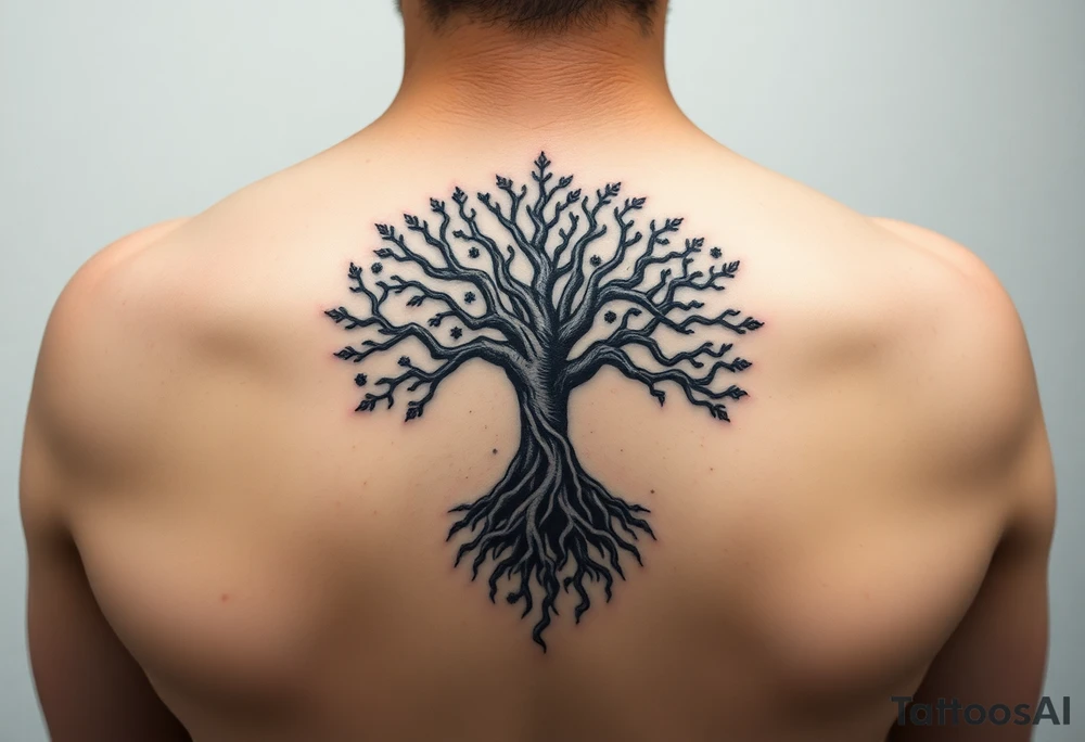 HIV positive mystical tree of life with cosmic roots and celestial branches tattoo idea