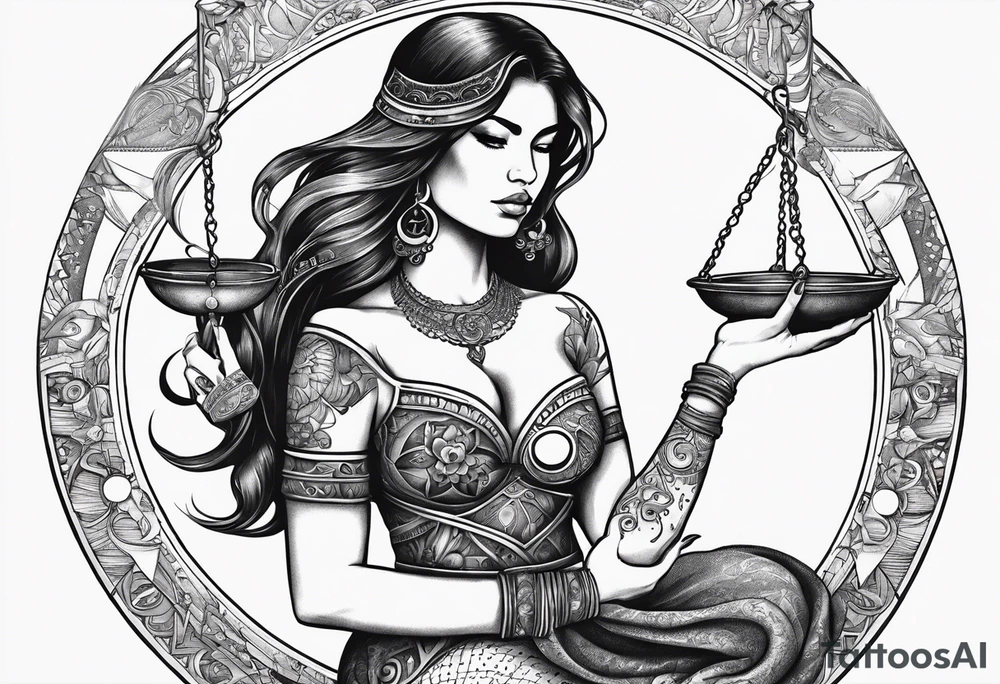 Libra woman holding scales with a night zodiac background including a half moon that encircles half of the woman with vibrant colors tattoo idea